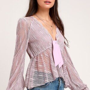 NWOT $128 Free People Luisa Lavender Lace Long Sleeve Babydoll Scalloped Top XS